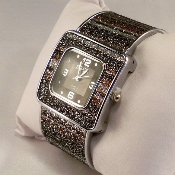 NEW Strada Black Brown Crystal Cuff Watch - Picture 1 of 5